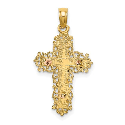 14k Two-Tone Gold Lace Cross w/ Rose Gold Inlay Charm Pendant