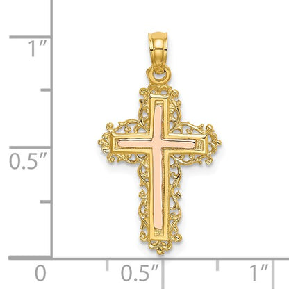 14k Two-Tone Gold Lace Cross w/ Rose Gold Inlay Charm Pendant