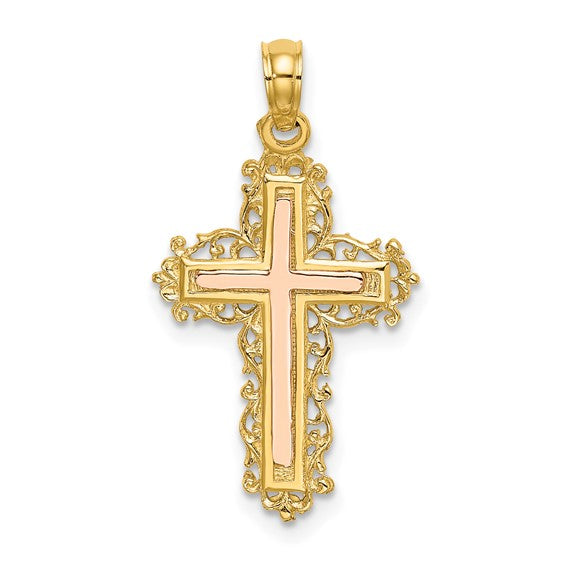 14k Two-Tone Gold Lace Cross w/ Rose Gold Inlay Charm Pendant