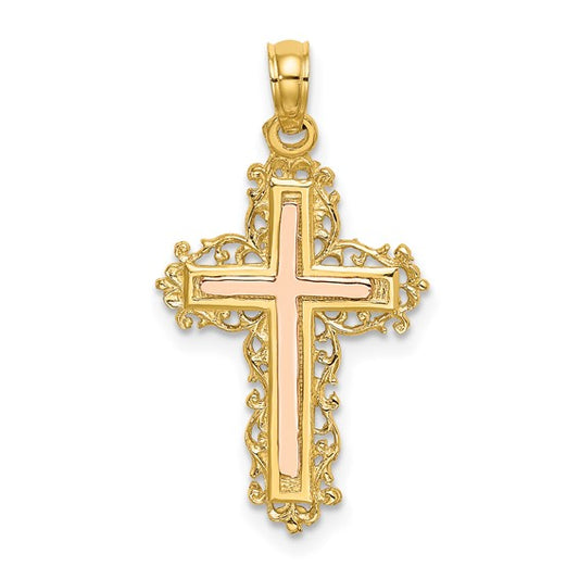 14k Two-Tone Gold Lace Cross w/ Rose Gold Inlay Charm Pendant