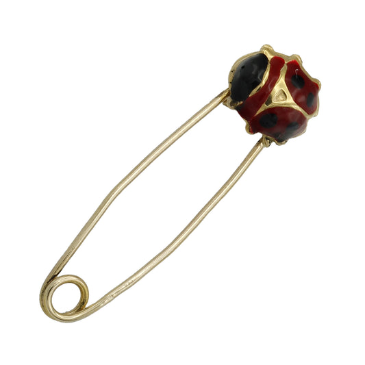 14k Yellow Gold Red & Black Enameled Ladybug Safety Pin Brooch