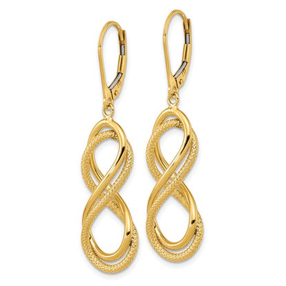 14k Yellow Gold Polished Textured Infinity Lever-Back Earrings