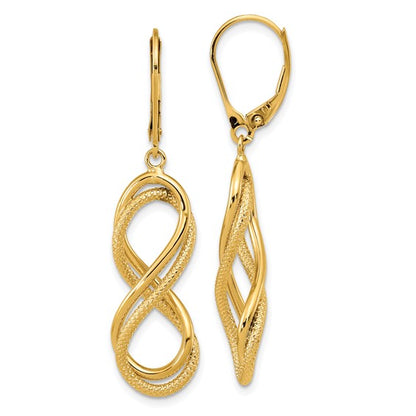 14k Yellow Gold Polished Textured Infinity Lever-Back Earrings