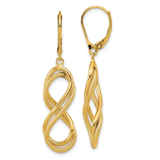 14k Yellow Gold Polished Textured Infinity Lever-Back Earrings