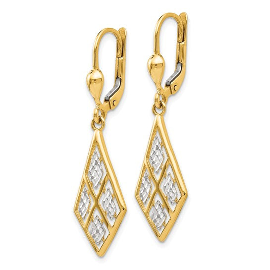 14k Yellow Gold Polished and Diamond-Cut Rhodium Lever-Back Dangle Earrings