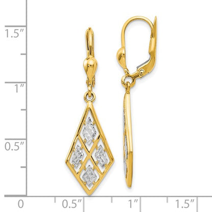 14k Yellow Gold Polished and Diamond-Cut Rhodium Lever-Back Dangle Earrings