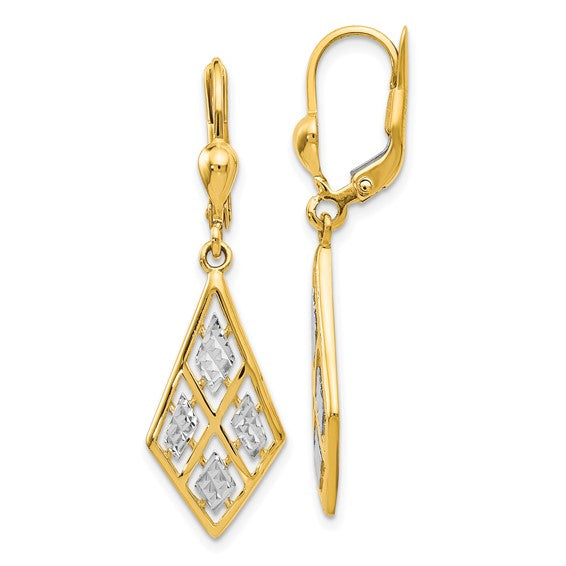 14k Yellow Gold Polished and Diamond-Cut Rhodium Lever-Back Dangle Earrings