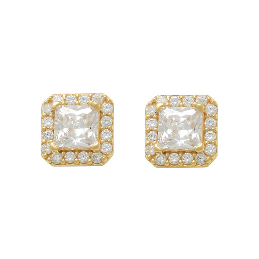 14k CZ Princess-Cut Halo Stud Earrings