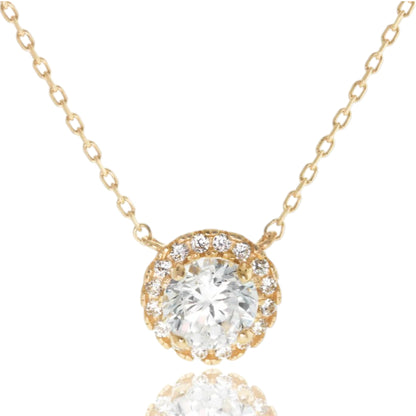 14k Yellow Gold CZ Halo Solitaire Necklace