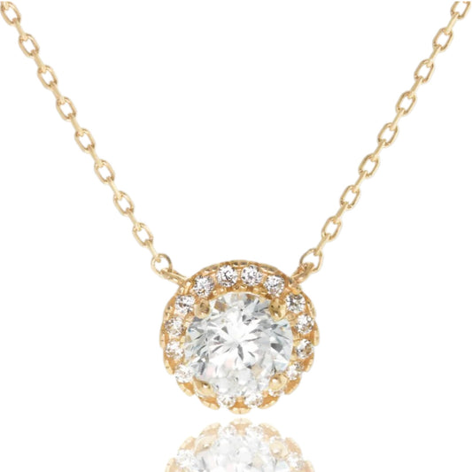 14k Yellow Gold CZ Halo Solitaire Necklace