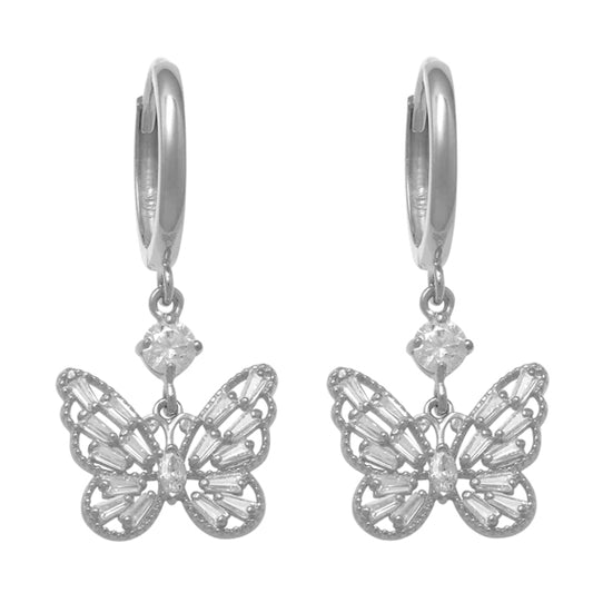 14k White CZ Butterfly Huggie Earrings