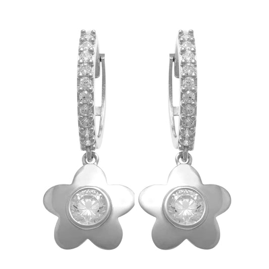 14k White Dangling CZ Flower Huggie Earrings