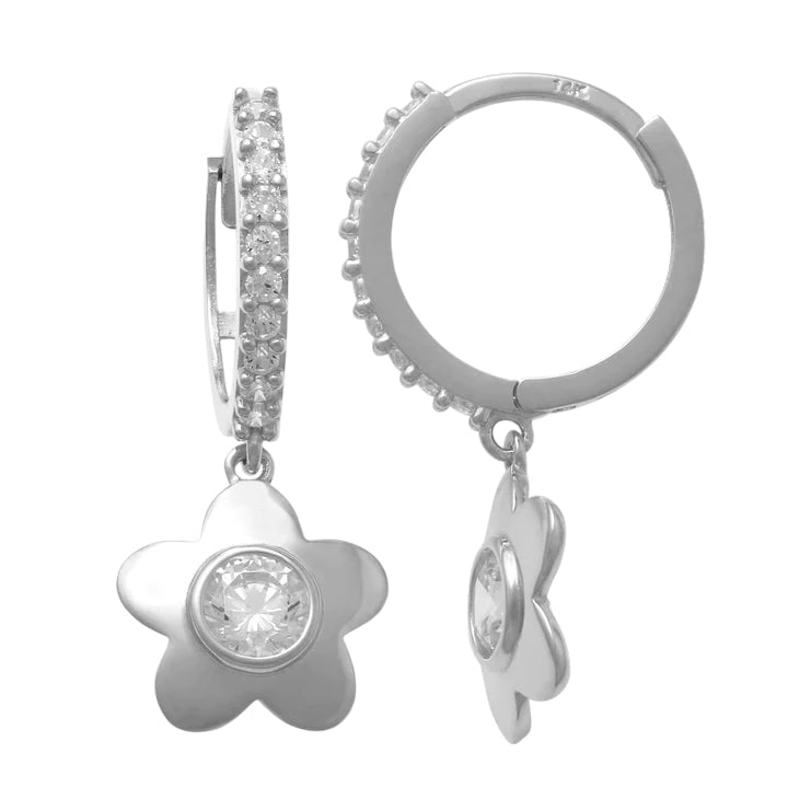 14k White Dangling CZ Flower Huggie Earrings