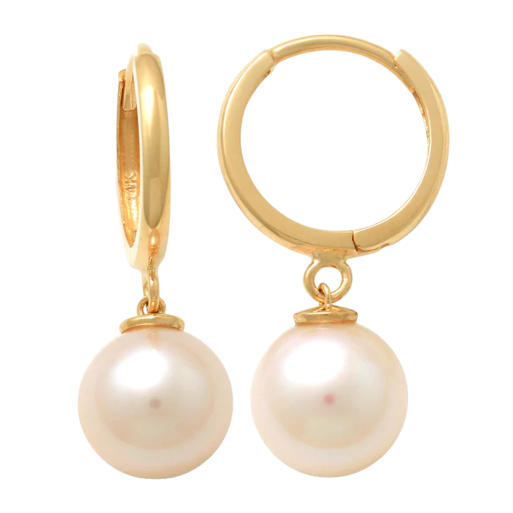 14k Dangling Pearl Huggie Earrings