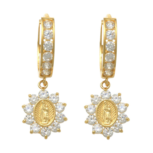 14k CZ Miraculous Medallion Huggie Earrings