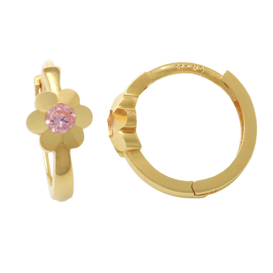 14k Pink CZ Flower Children's Huggie Earrings