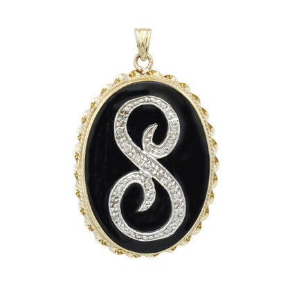 14k Yellow Gold Oval Diamond Initial "S" on Onyx Charm Pendant