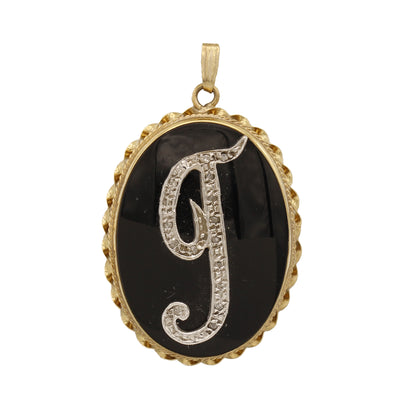 14k Yellow Gold Oval Diamond Initial "T" on Onyx Charm Pendant