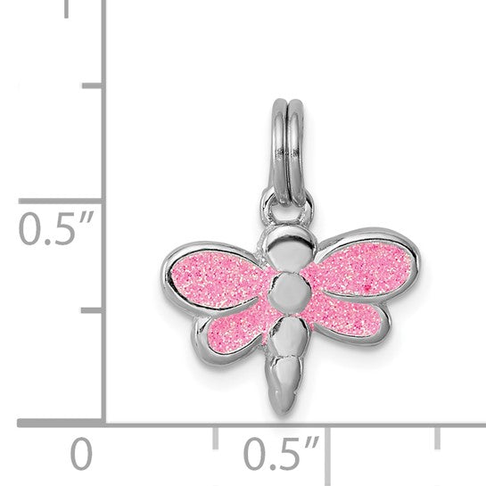 Sterling Silver Pink Glitter Enameled Dragonfly Charm Pendant