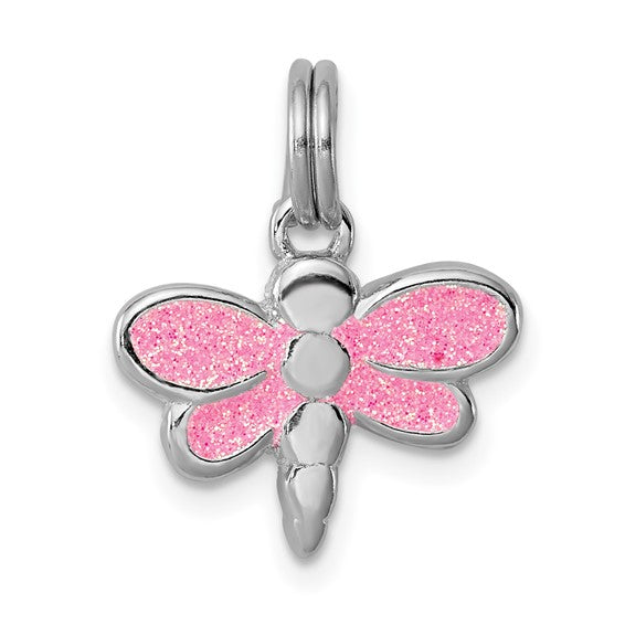 Sterling Silver Pink Glitter Enameled Dragonfly Charm Pendant