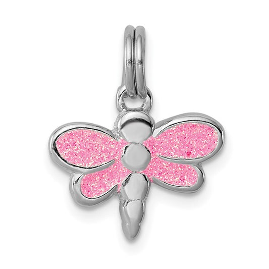 Sterling Silver Pink Glitter Enameled Dragonfly Charm Pendant