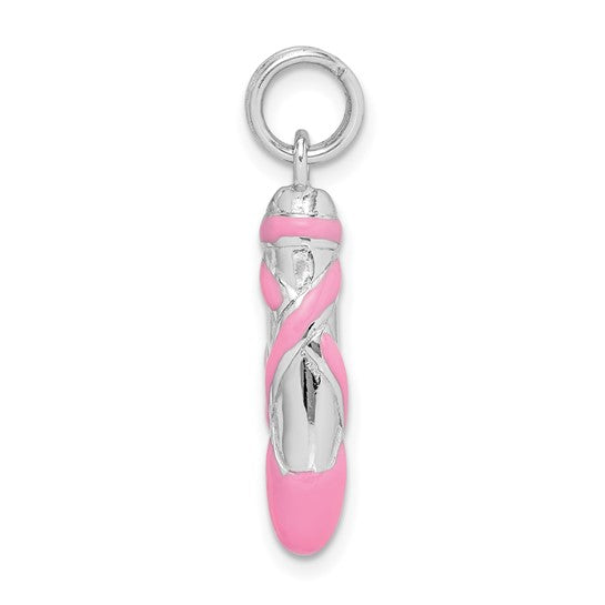 Sterling Silver Rhodium-Plated Pink Enamel Ballet Slipper Charm Pendant