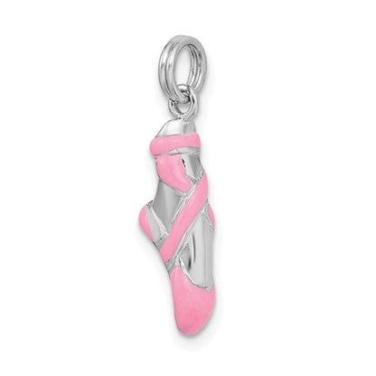 Sterling Silver Rhodium-Plated Pink Enamel Ballet Slipper Charm Pendant