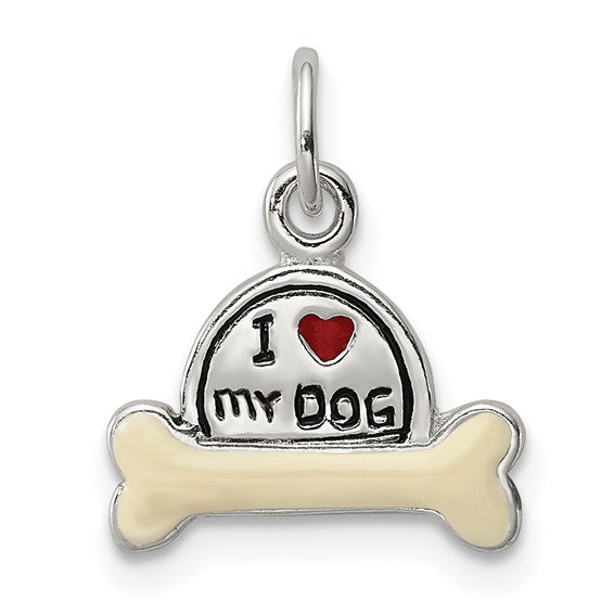 Sterling Silver Polished Enameled I Love My Dog Charm Pendant