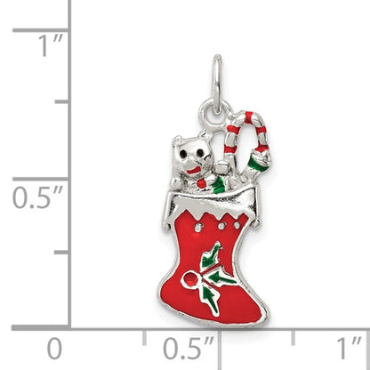 Sterling Silver Polished Enameled Christmas Stocking Charm Pendant