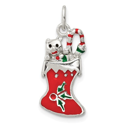 Sterling Silver Polished Enameled Christmas Stocking Charm Pendant