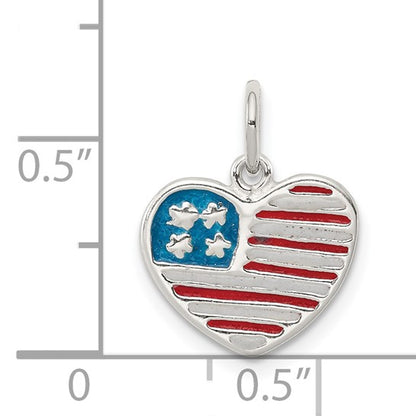 Sterling Silver Polished Enameled American Flag Heart Charm Pendant