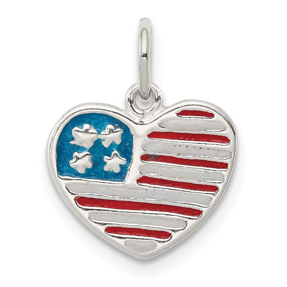 Sterling Silver Polished Enameled American Flag Heart Charm Pendant