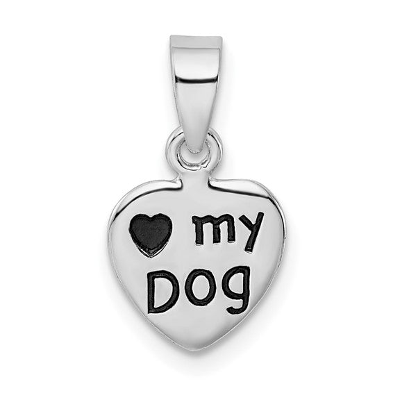 Sterling Silver Rhodium-Plated Antiqued Love My Dog Charm Pendant