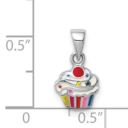 Sterling Silver Rhodium-Plated Multi-Color Enameled Cupcake Charm Pendant