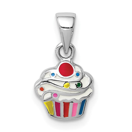 Sterling Silver Rhodium-Plated Multi-Color Enameled Cupcake Charm Pendant