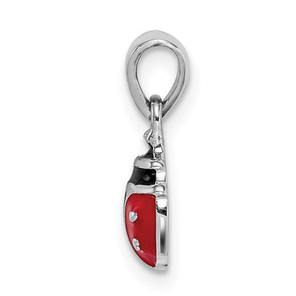 Sterling Silver Rhodium-Plated Red & Black Enameled Ladybug Charm Pendant