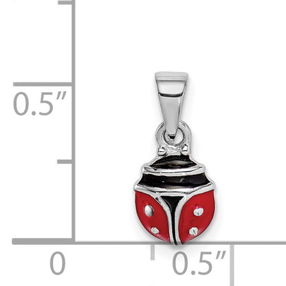 Sterling Silver Rhodium-Plated Red & Black Enameled Ladybug Charm Pendant