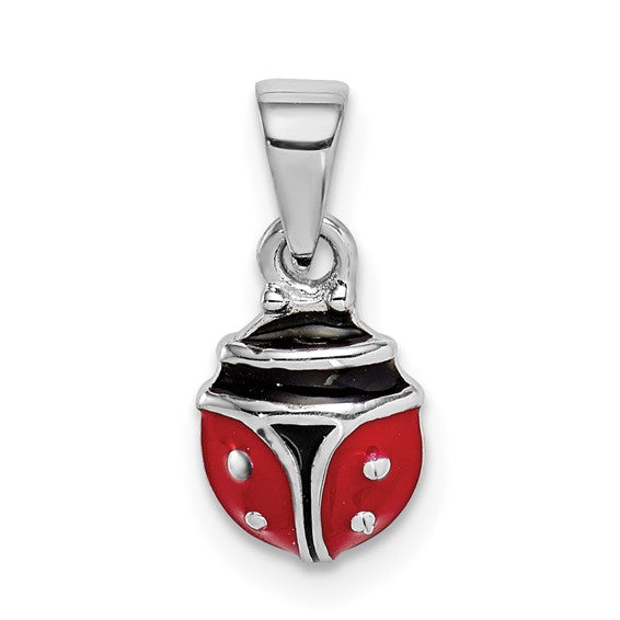 Sterling Silver Rhodium-Plated Red & Black Enameled Ladybug Charm Pendant