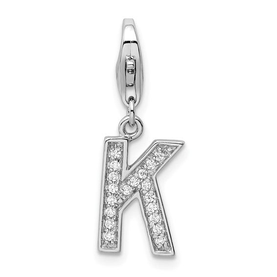 Sterling Silver Rhodium-plated Polished CZ Initial Charms with Fancy Lobster Clasp