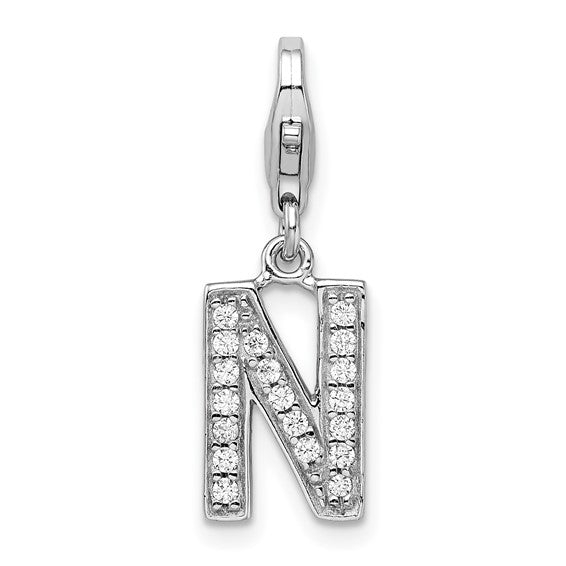 Sterling Silver Rhodium-plated Polished CZ Initial Charms with Fancy Lobster Clasp