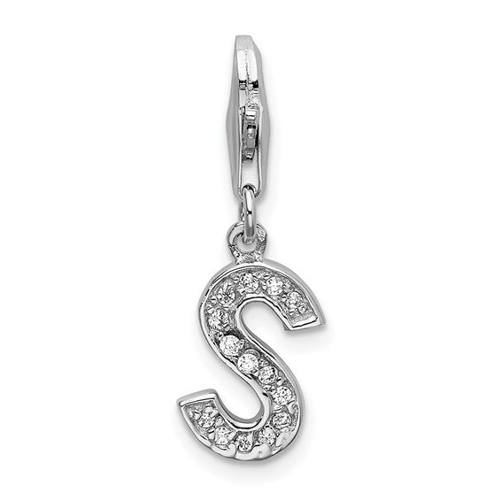 Sterling Silver Rhodium-plated Polished CZ Initial Charms with Fancy Lobster Clasp