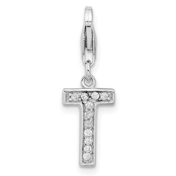 Sterling Silver Rhodium-plated Polished CZ Initial Charms with Fancy Lobster Clasp