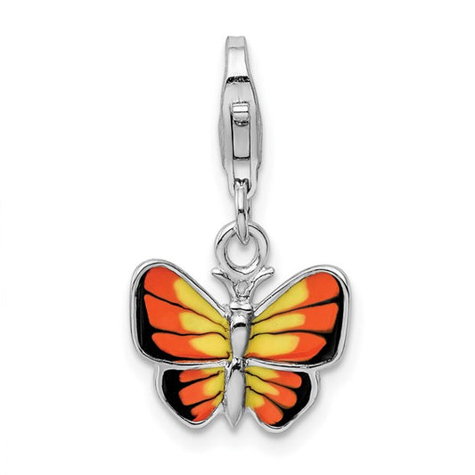 Sterling Silver Rhodium-Plated Polished Enameled Butterfly Charm with Fancy Lobster Clasp