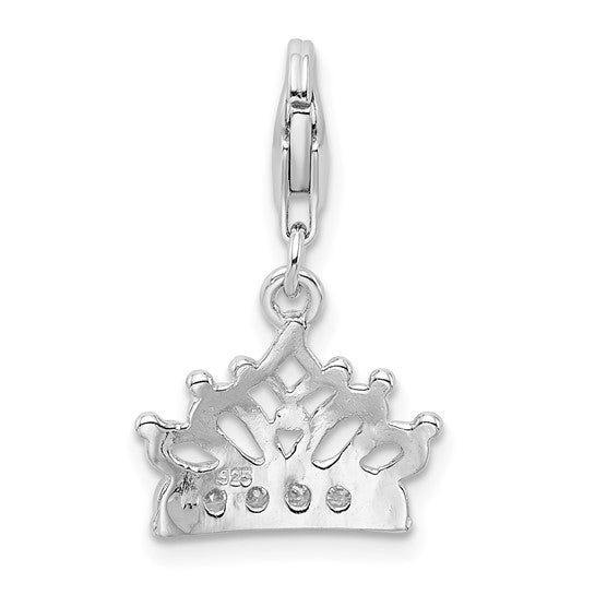 Sterling Silver Rhodium-Plated Polished CZ Crown Charm with Fancy Lobster Clasp