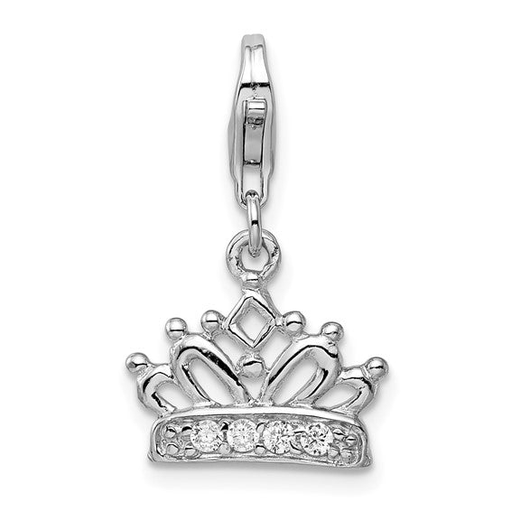 Sterling Silver Rhodium-Plated Polished CZ Crown Charm with Fancy Lobster Clasp