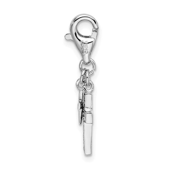 Sterling Silver Rhodium-Plated Polished CZ Two Cross Charm with Fancy Lobster Clasp