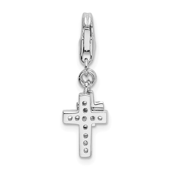 Sterling Silver Rhodium-Plated Polished CZ Two Cross Charm with Fancy Lobster Clasp