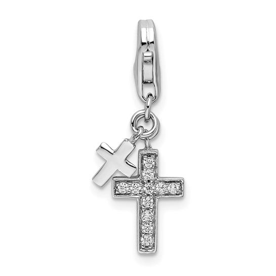 Sterling Silver Rhodium-Plated Polished CZ Two Cross Charm with Fancy Lobster Clasp