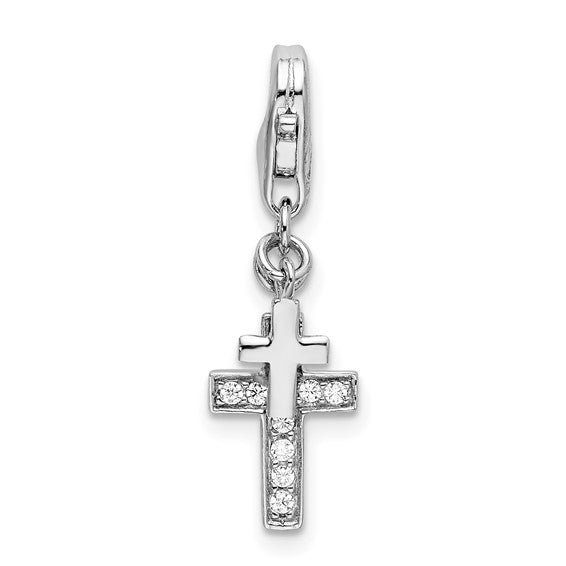 Sterling Silver Rhodium-Plated Polished CZ Two Cross Charm with Fancy Lobster Clasp