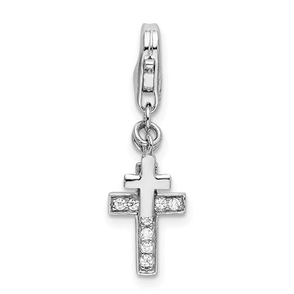 Sterling Silver Rhodium-Plated Polished CZ Two Cross Charm with Fancy Lobster Clasp